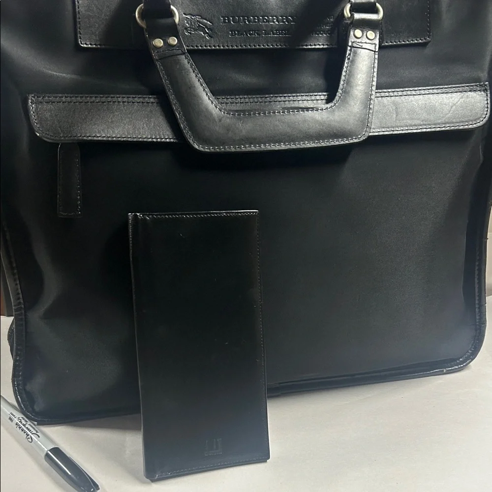 Burberry Black Leather Briefcase with Top Handles Dunhill Wallet set Rare